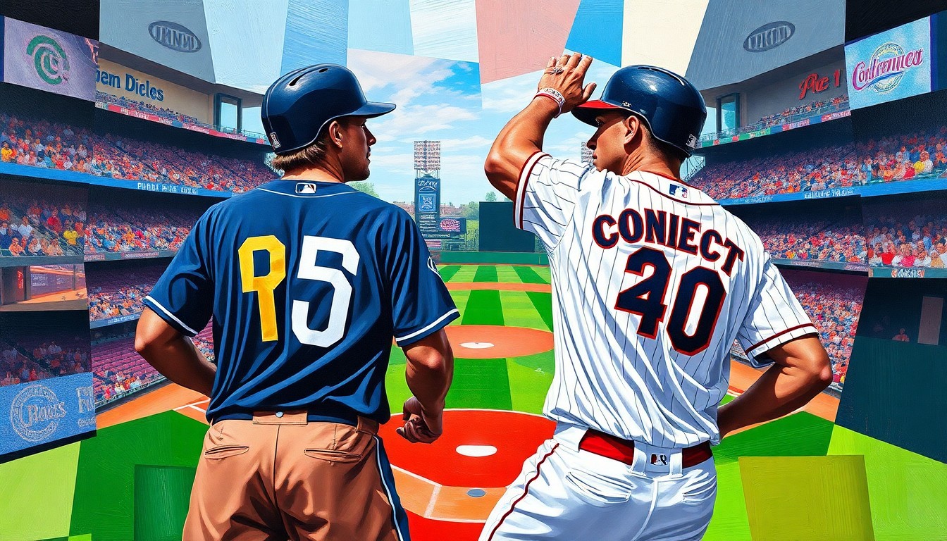 A cubist, geometric painting depicting a baseball game between the San Diego Padres and Colorado Rockies, with the vibrant colors of the players' uniforms, including the new Padres City Connect design, creating a fractured, multi-perspective scene.