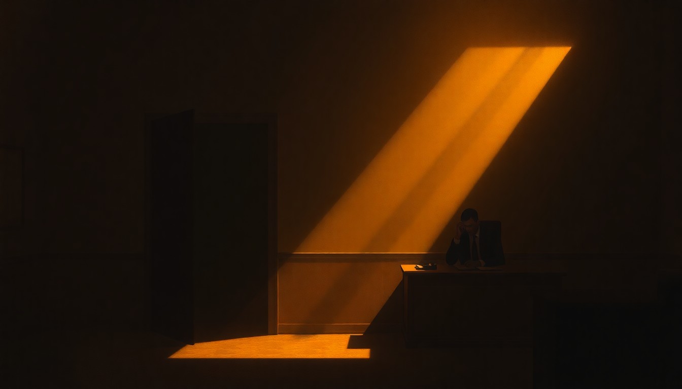 A dimly lit office scene with a solitary figure sitting at a desk, the room bathed in warm, diagonal sunlight and deep shadows, conceptually representing the somber mood surrounding the accusation against the politician.