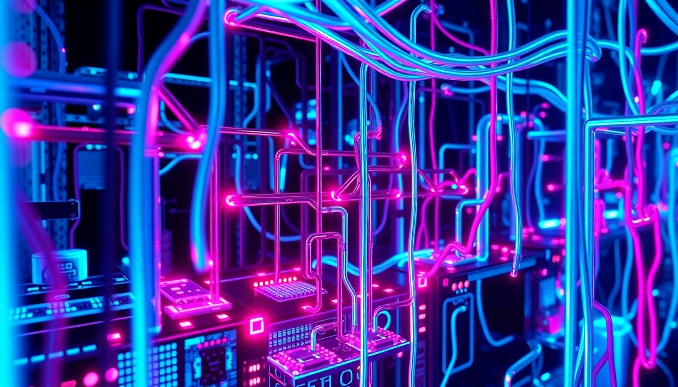 A highly detailed, glowing 3D illustration of an intricate AI neural network infrastructure, with illuminated data cables, circuit boards, and other recognizable cybernetic elements, conveying the complex and technical nature of modern AI systems.