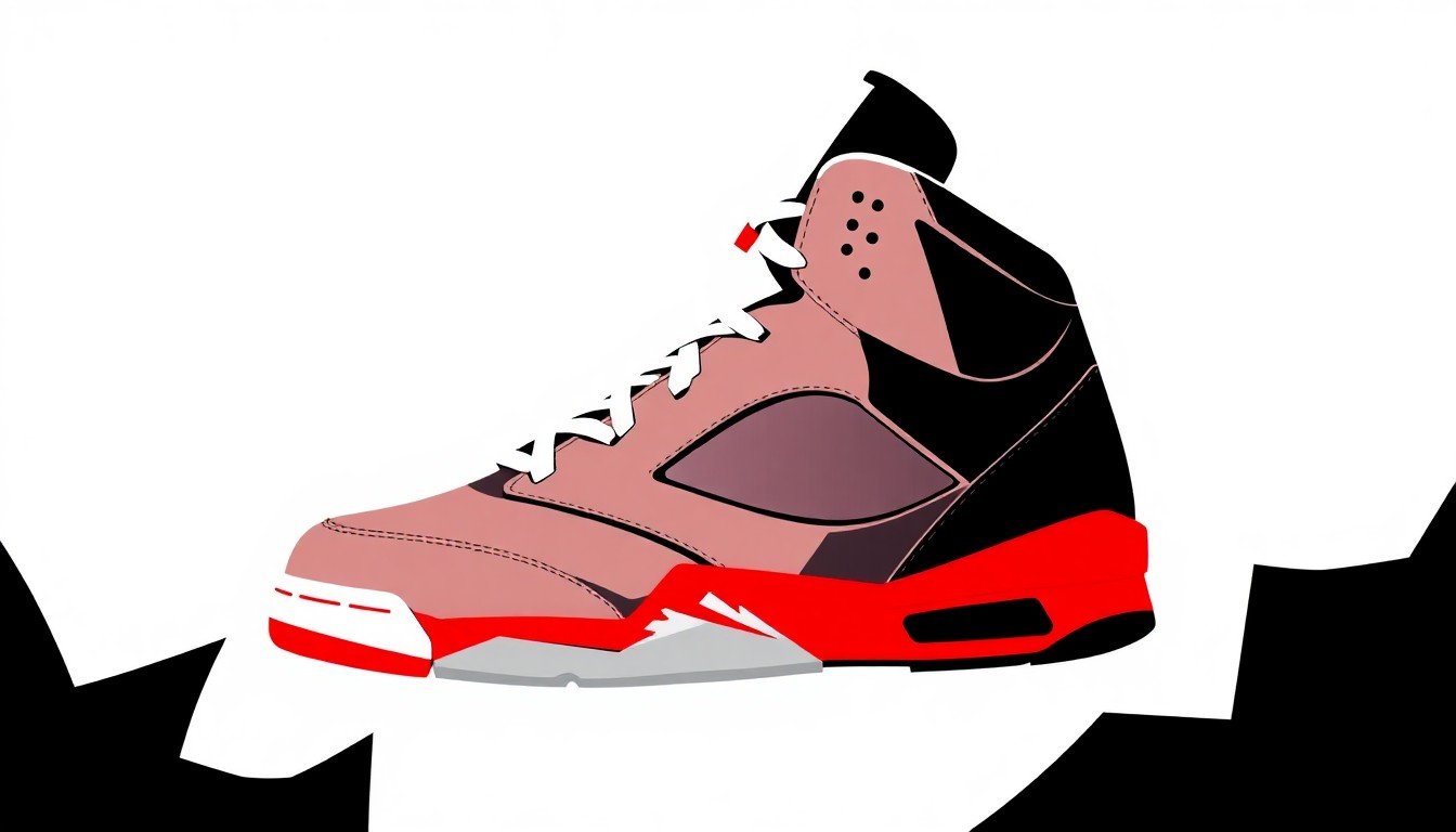 A bold, abstract illustration featuring stark, jagged geometric shapes in red and white, representing the iconic Air Jordan 5 sneaker and its connection to the Fresh Prince of Bel-Air TV show, without any text or identifiable elements.