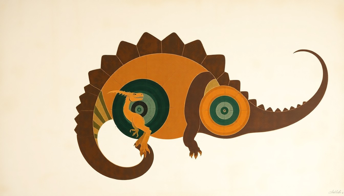 A highly structured, abstract painting in earthy tones of brown, ochre, and deep green, featuring sweeping geometric arcs, concentric circles, and precise botanical spirals, conceptually representing the ancient power and scale of a massive tyrannosaur fossil.