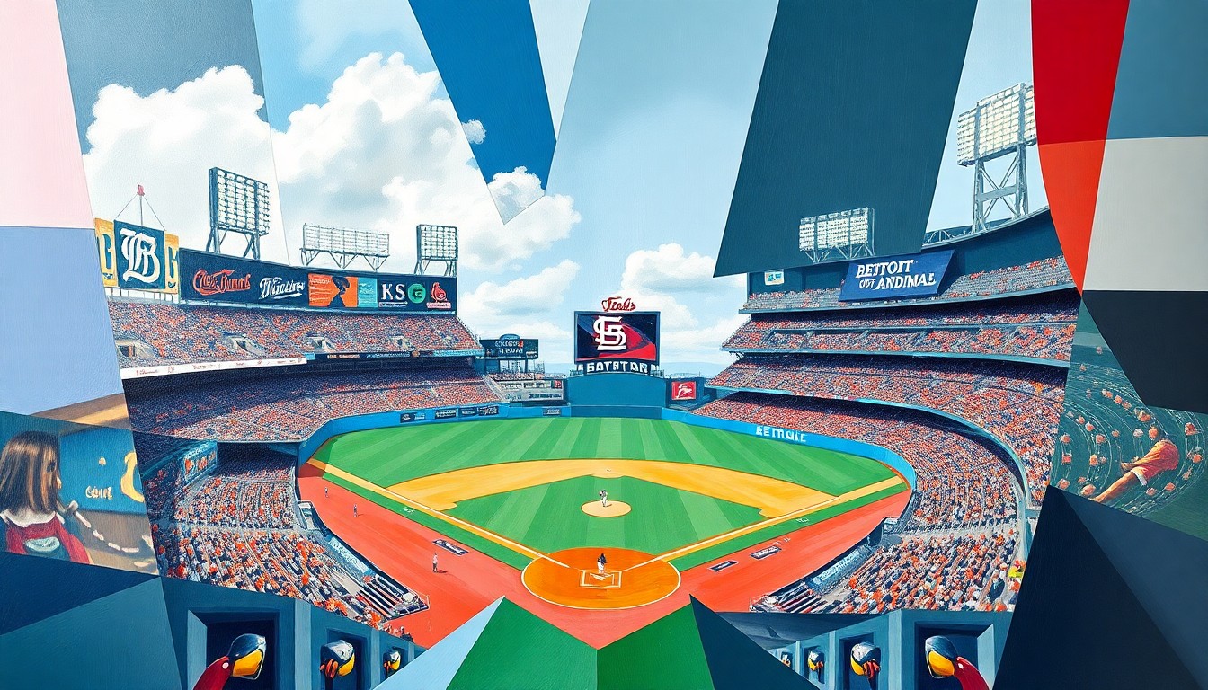 A fragmented, geometric painting depicting a baseball game in motion, with overlapping shapes and planes representing the players, field, and action on the diamond.