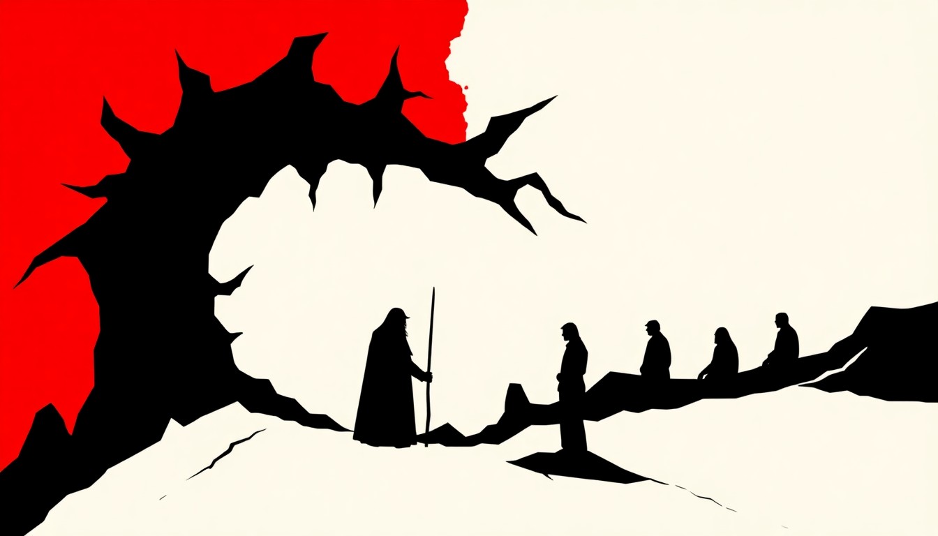 A striking abstract composition featuring bold, jagged shapes in shades of red and black, conceptually representing the emotional intensity and progressive sound of Khemmis' new album.