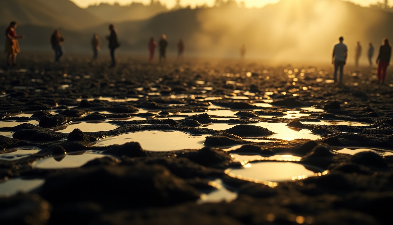 An abstract, impressionistic photograph of visitors walking through the La Brea Tar Pits, with the bubbling asphalt and surrounding greenery blurred into soft, warm pools of color and light.