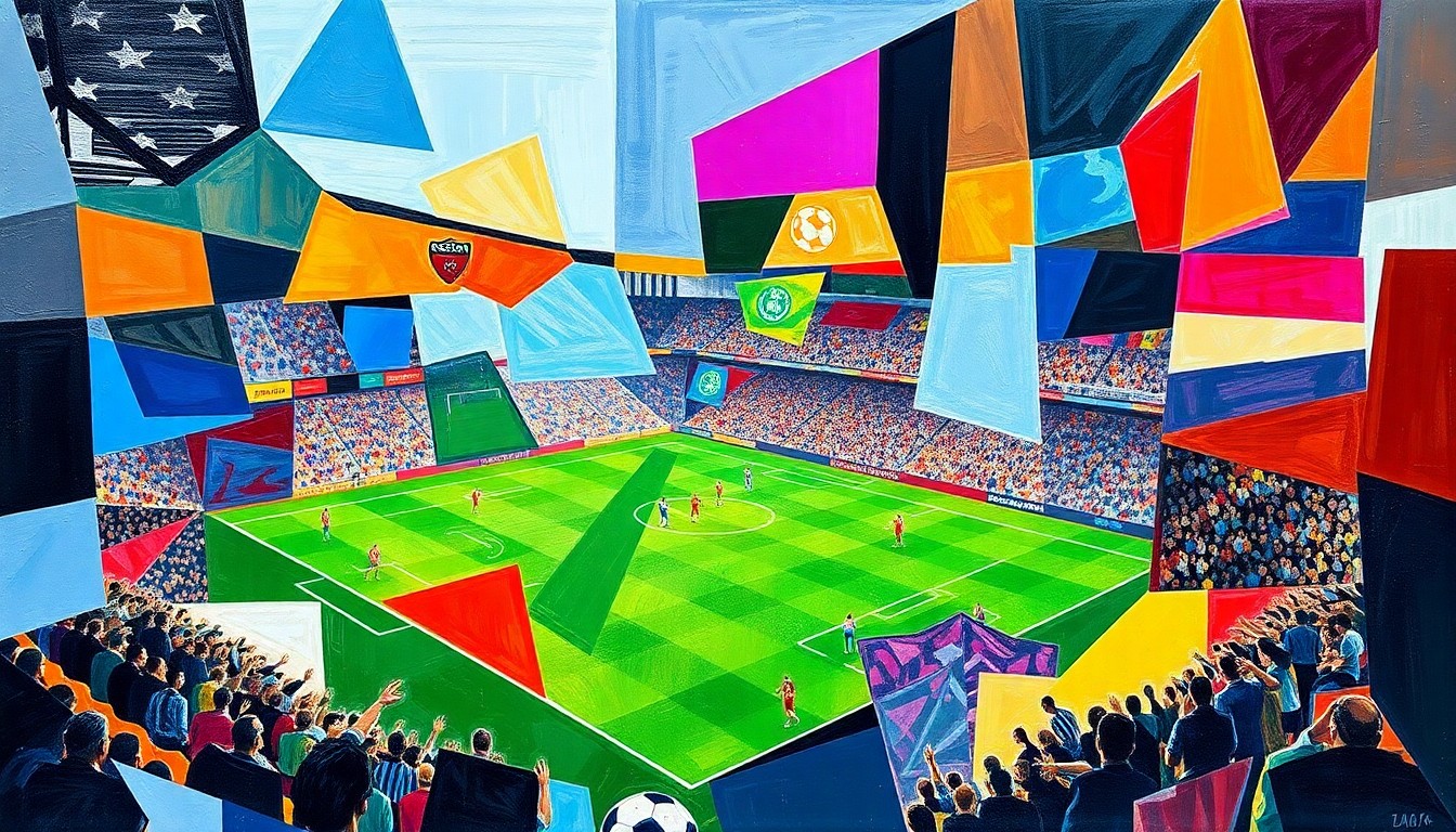 A fractured, multi-perspective painting in the style of Pablo Picasso, with sharp, overlapping geometric planes of red, blue, and yellow representing the action of a Serie A soccer match.