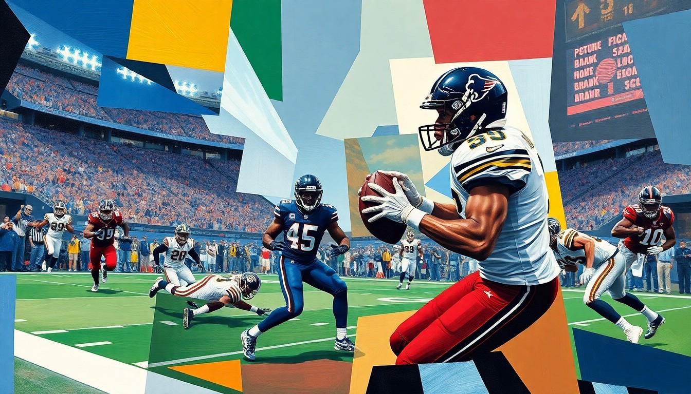 A cubist-style painting depicting a fragmented, multi-angled view of a football player in motion, conceptually representing the Ravens' strategic approach to building around their star quarterback Lamar Jackson.