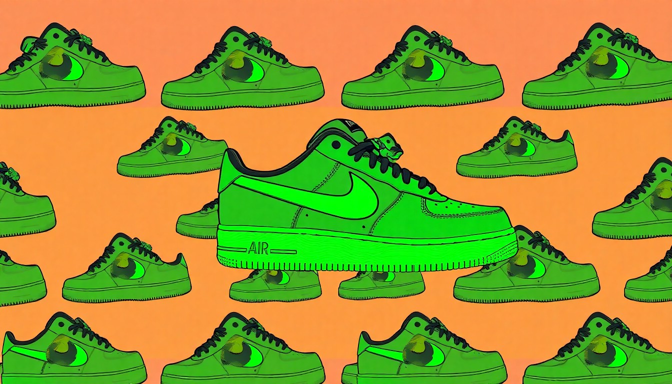 A high-contrast silkscreen print of a Nike Kobe Air Force 1 Low sneaker in a vibrant 'Steam Green' colorway, repeated in a grid pattern to create a bold, pop art-inspired visual representation of the shoe's cultural impact.