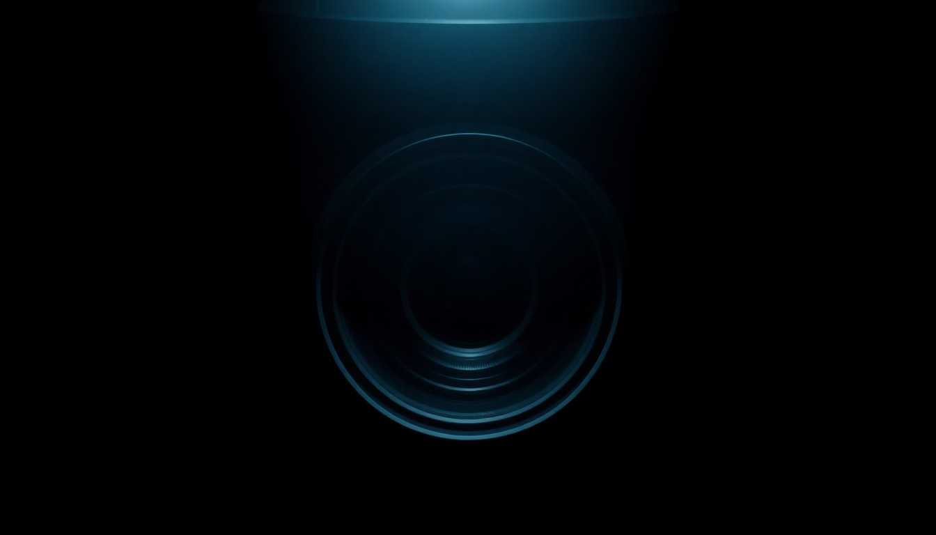 An extreme close-up of a hidden camera lens, the sole focus of the frame, lit by a harsh, direct flash against a pitch-black background, creating a stark, gritty, investigative aesthetic.