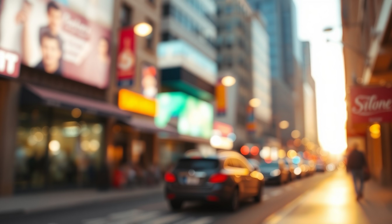 An abstract, impressionistic photograph of a downtown street, with blurred streetlights, storefronts, and pedestrians creating a hazy, atmospheric scene in warm tones of orange, yellow, and blue.
