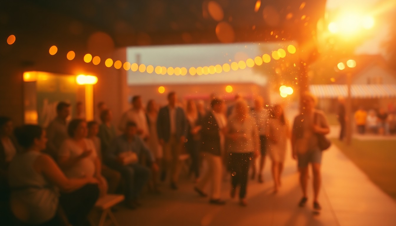 An abstract, out-of-focus scene of a small-town community gathering, with soft pools of warm color and light, conceptually representing the celebration of a beloved local resident's life.