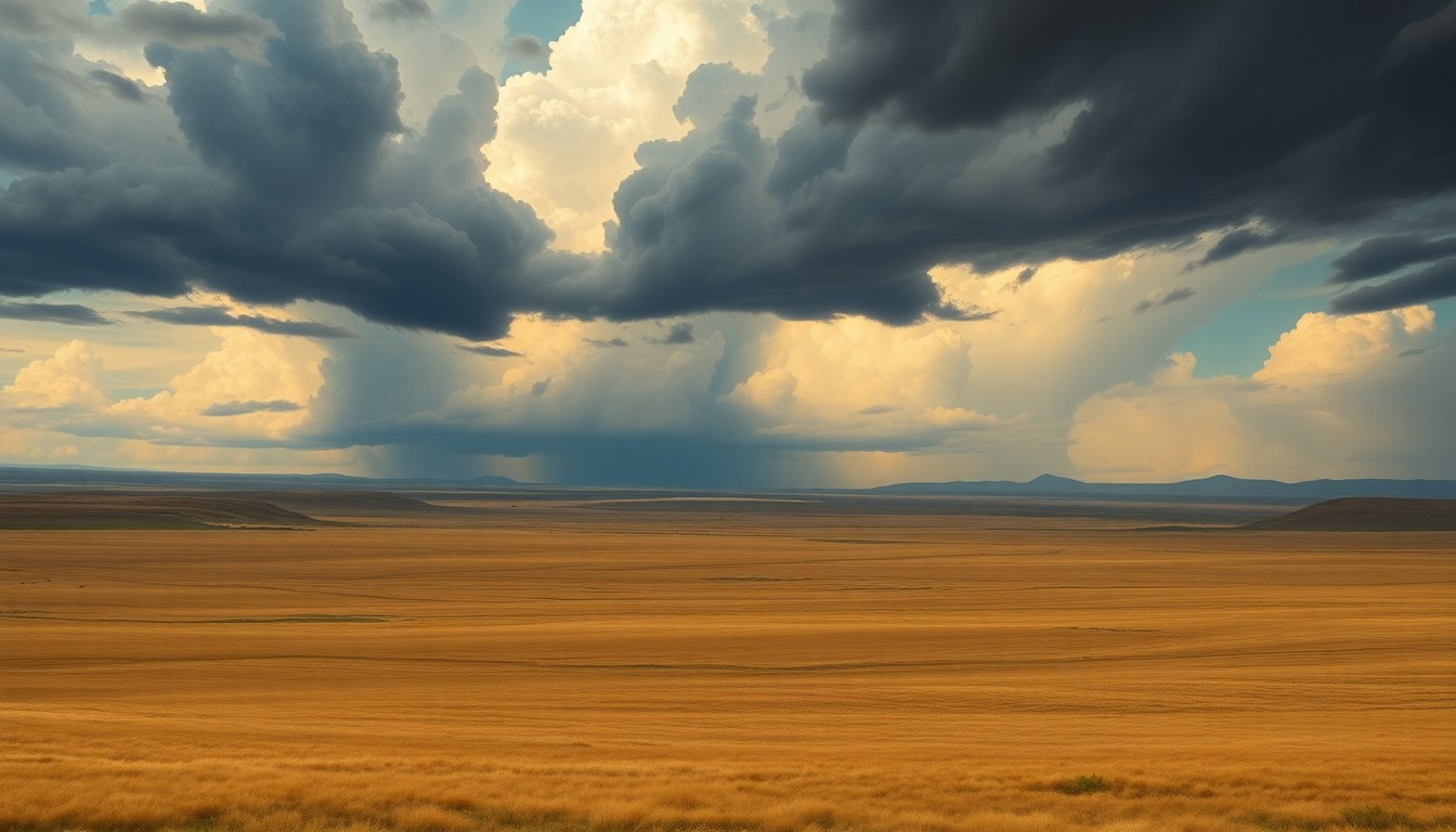 A sweeping, atmospheric landscape painting depicting the vast, open plains of Wyoming under a dramatic, stormy sky. The natural elements dominate the scene, with minimal physical structures or objects visible in the distance.