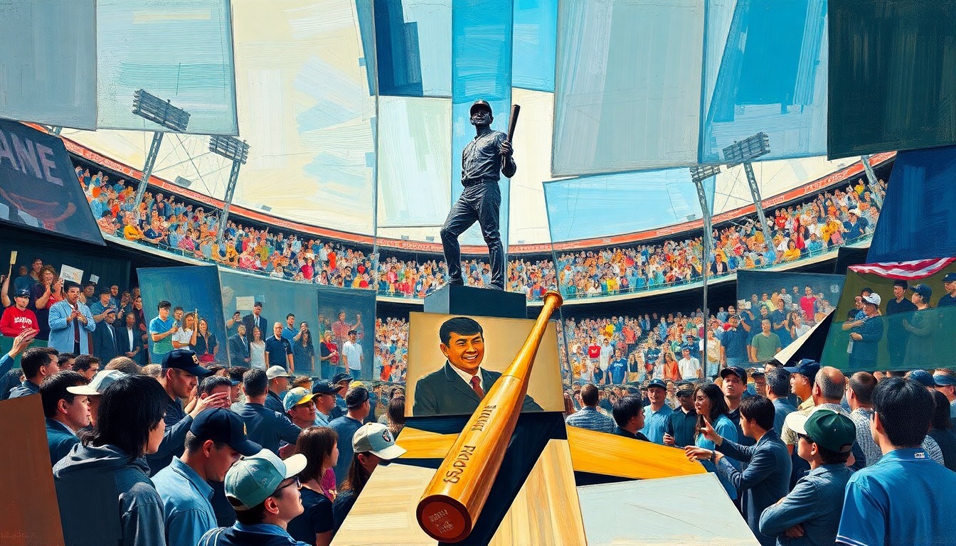 A cubist, geometric painting depicting the fractured, multi-angled scene of Ichiro Suzuki's statue unveiling, with the broken ceremonial bat as the central focus.