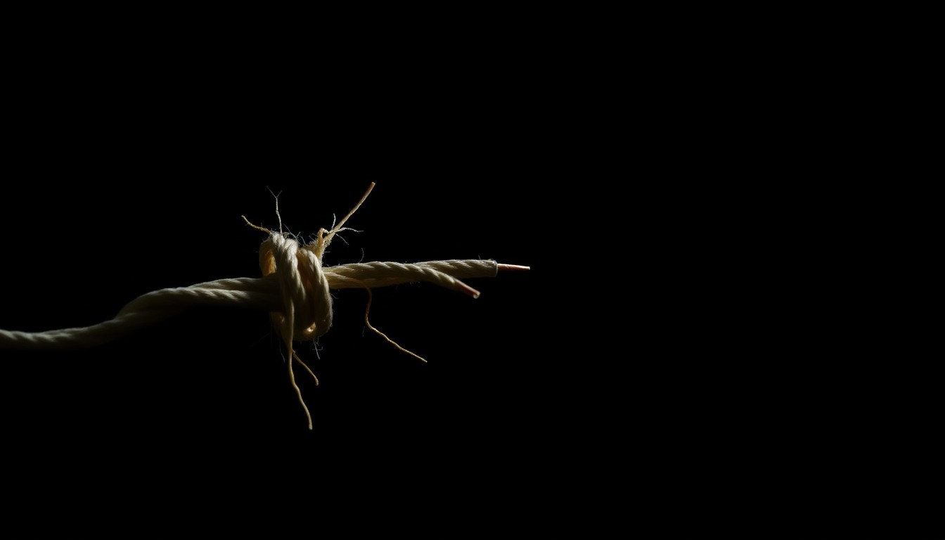 An extreme close-up photograph of a frayed electrical cord against a pitch-black background, capturing the stark, gritty details of the potential fire hazard.