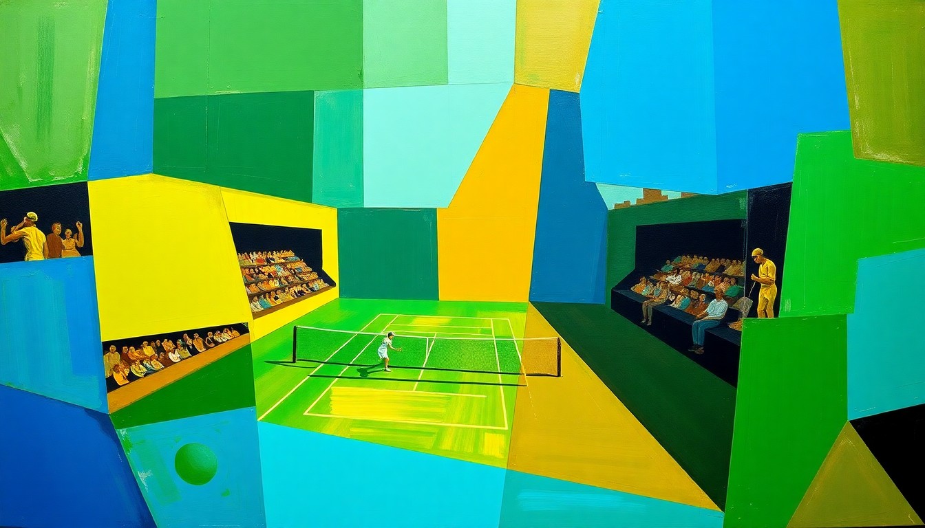 A cubist, geometric painting depicting a tennis match, with overlapping planes of bright green, royal blue, and golden yellow, capturing the dynamic movement and energy of the sport.