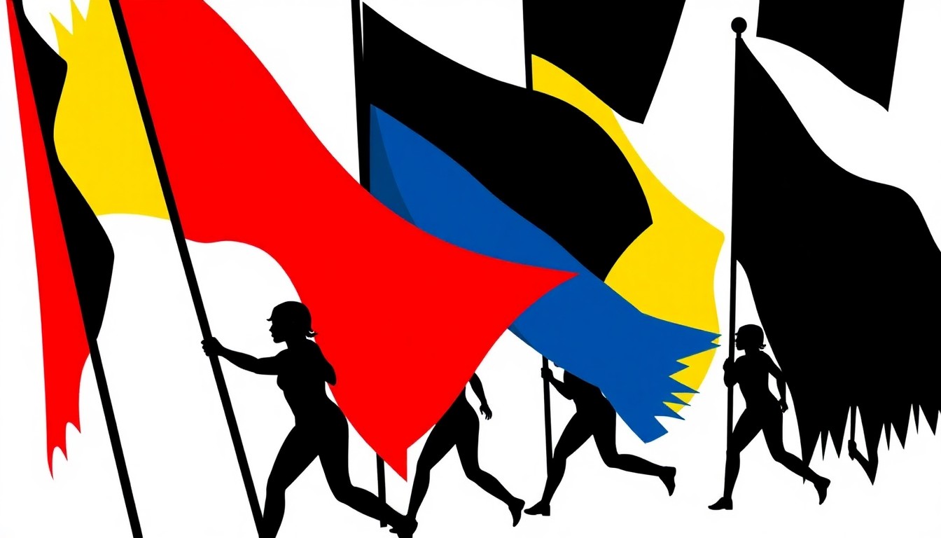 An abstract, minimalist illustration featuring bold, angular shapes in bright colors like red, yellow, and blue, representing the dynamic energy and artistry of Stagg High's new winter guard team.