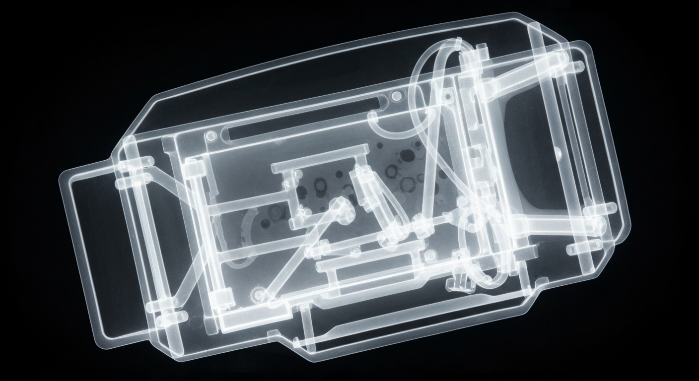 A ghostly, translucent X-ray photograph revealing the intricate internal structure of a medical device or piece of emergency equipment, glowing against a dark background and conceptually representing the technical expertise of Boston's EMS professionals.