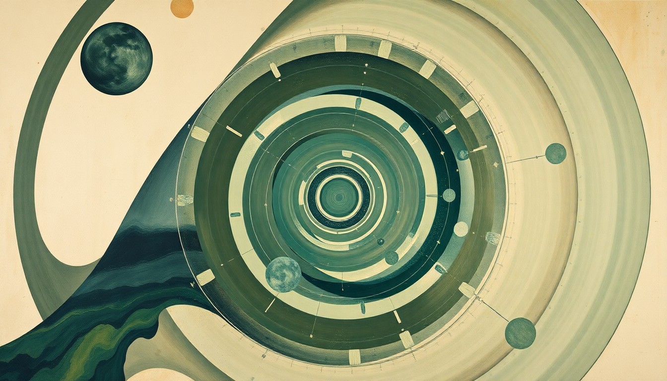 A highly structured abstract painting featuring sweeping geometric arcs, concentric circles, and precise spirals in earthy tones of green, blue, and brown, conceptually representing the complex scientific forces and technologies behind the Artemis II mission to the moon.