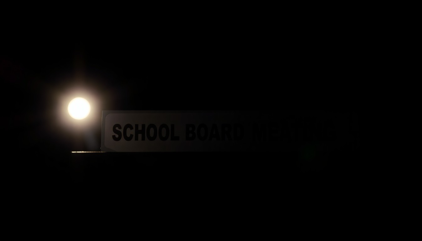 An extreme close-up photograph of a school board meeting name placard or microphone, lit by a harsh, direct camera flash against a pitch-black background, creating a stark, gritty, investigative aesthetic that conceptually represents the intense scrutiny facing the school board over their response to the inappropriate comments.