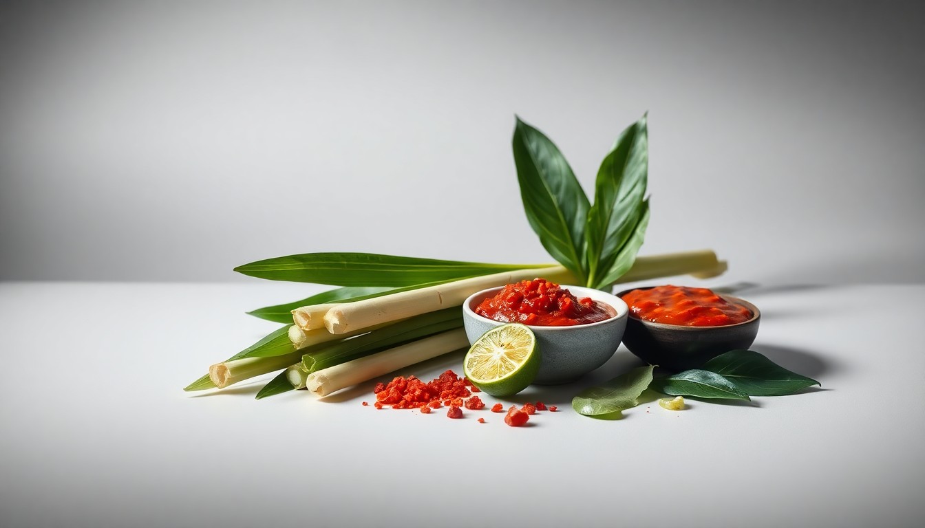 A high-end studio still life photograph featuring a clean, monochromatic background with carefully arranged Thai ingredients like lemongrass, kaffir lime leaves, and red curry paste, conveying the authentic flavors and premium quality of Gin Khao's cuisine.