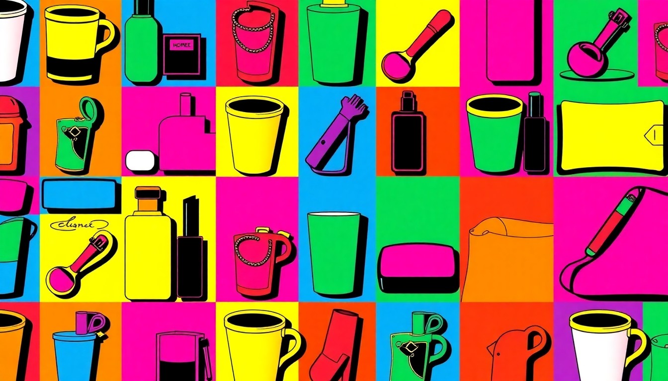 A brightly colored, high-contrast silkscreen print of a coffee mug repeated in a tight grid pattern, using vibrant neon colors and heavy black outlines to transform an everyday object into modern pop art.