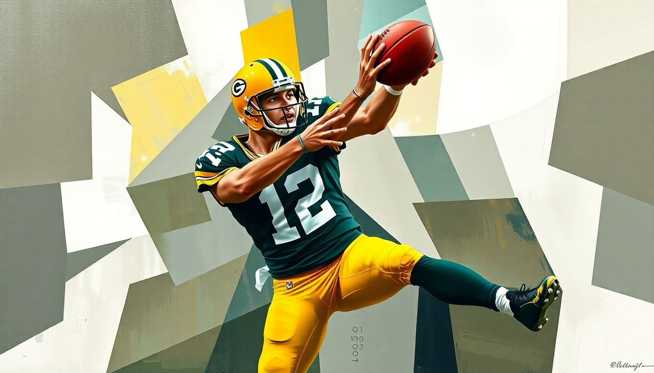 A cubist, geometric painting depicting a Green Bay Packers wide receiver in the midst of making a catch, with the player's body and the football broken down into overlapping, angular shapes and planes.