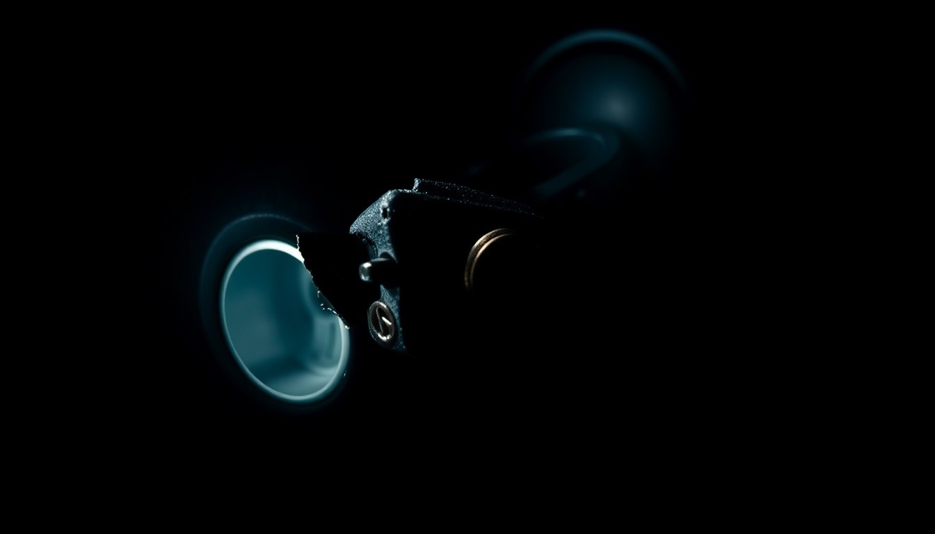 An extreme close-up photograph of a damaged car key or ignition switch, lit by a harsh, direct camera flash against a pitch-black background, conveying a sense of the gritty, investigative nature of this crime.
