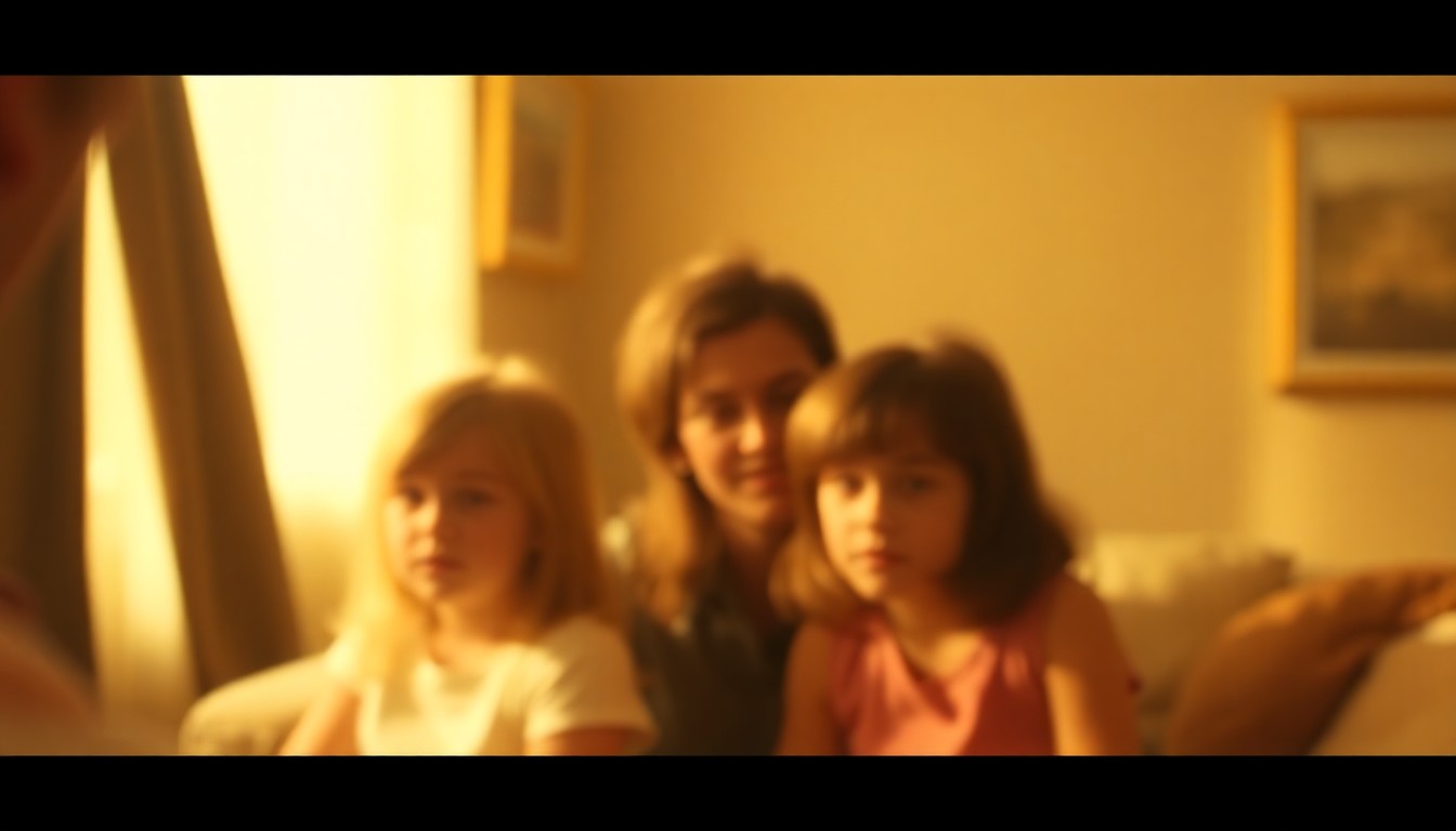 An extremely abstracted, out-of-focus photograph in warm tones, depicting a blurred family scene or domestic lifestyle moment from the 1970s, conveying a sense of nostalgia and the passage of time.