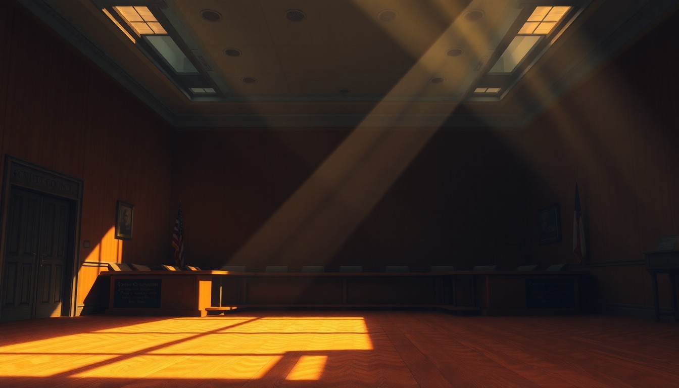 A dimly lit, cinematic painting of an empty county council meeting room, with warm sunlight streaming in through the windows and casting deep shadows across the empty chairs and tables, conveying a sense of anticipation and civic engagement.