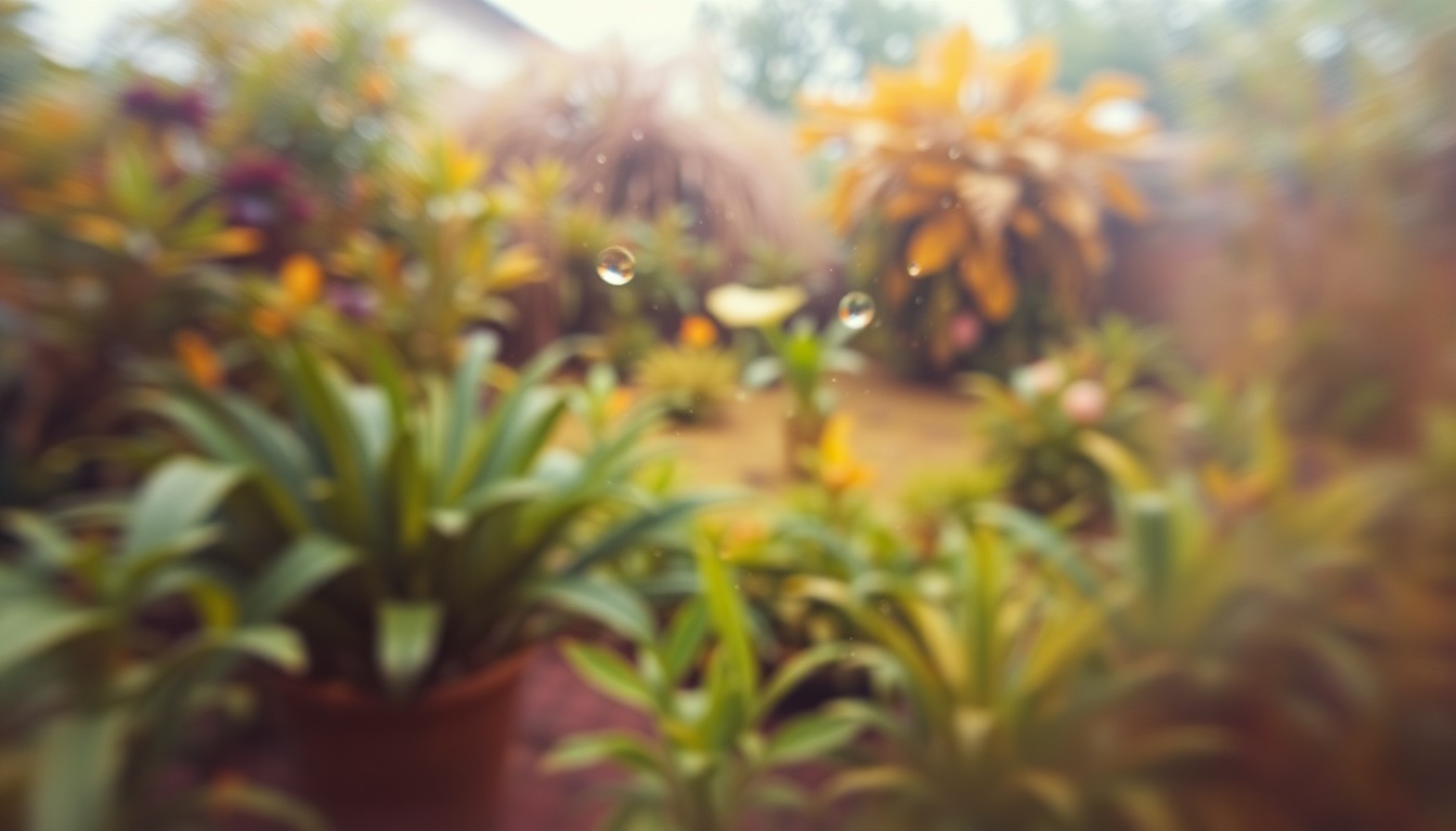 An impressionistic, out-of-focus photograph depicting a verdant garden scene with blurred foliage and flowers in shades of green, yellow, and pink, conveying the tranquil and rejuvenating atmosphere of a community green space.