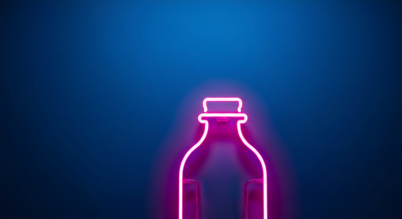 A minimalist design in the style of Keith Haring, with a glowing neon outline of a baby bottle against a dark background, conceptually representing the fragility of unvaccinated infants during a measles outbreak.