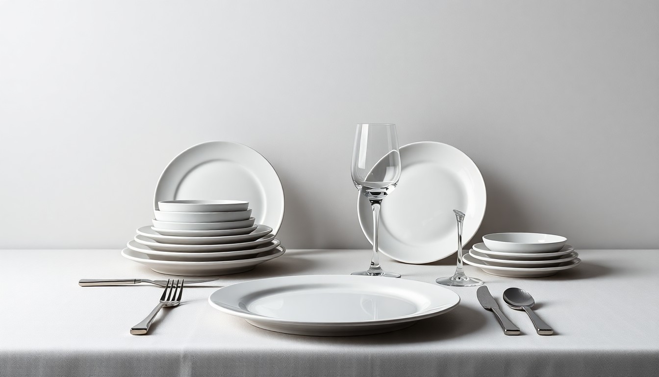 A high-end, photorealistic studio still-life photograph featuring a set of premium dining plates, silverware, and glassware arranged elegantly on a clean, monochromatic seamless background, conceptually representing the refined dining experience and hospitality focus of the new restaurant.