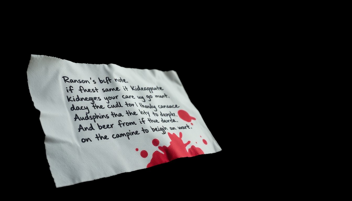 An extreme close-up photograph of a crumpled, bloodstained piece of paper with handwritten text, conveying the gritty, investigative nature of this crime.