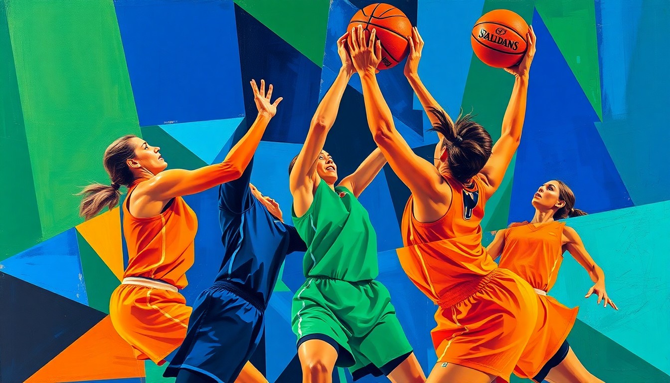 A fragmented, geometric painting in vibrant blues, oranges, and greens, depicting the abstracted forms of basketball players in motion, conveying the excitement of a major transfer addition to the Illinois women's basketball team.