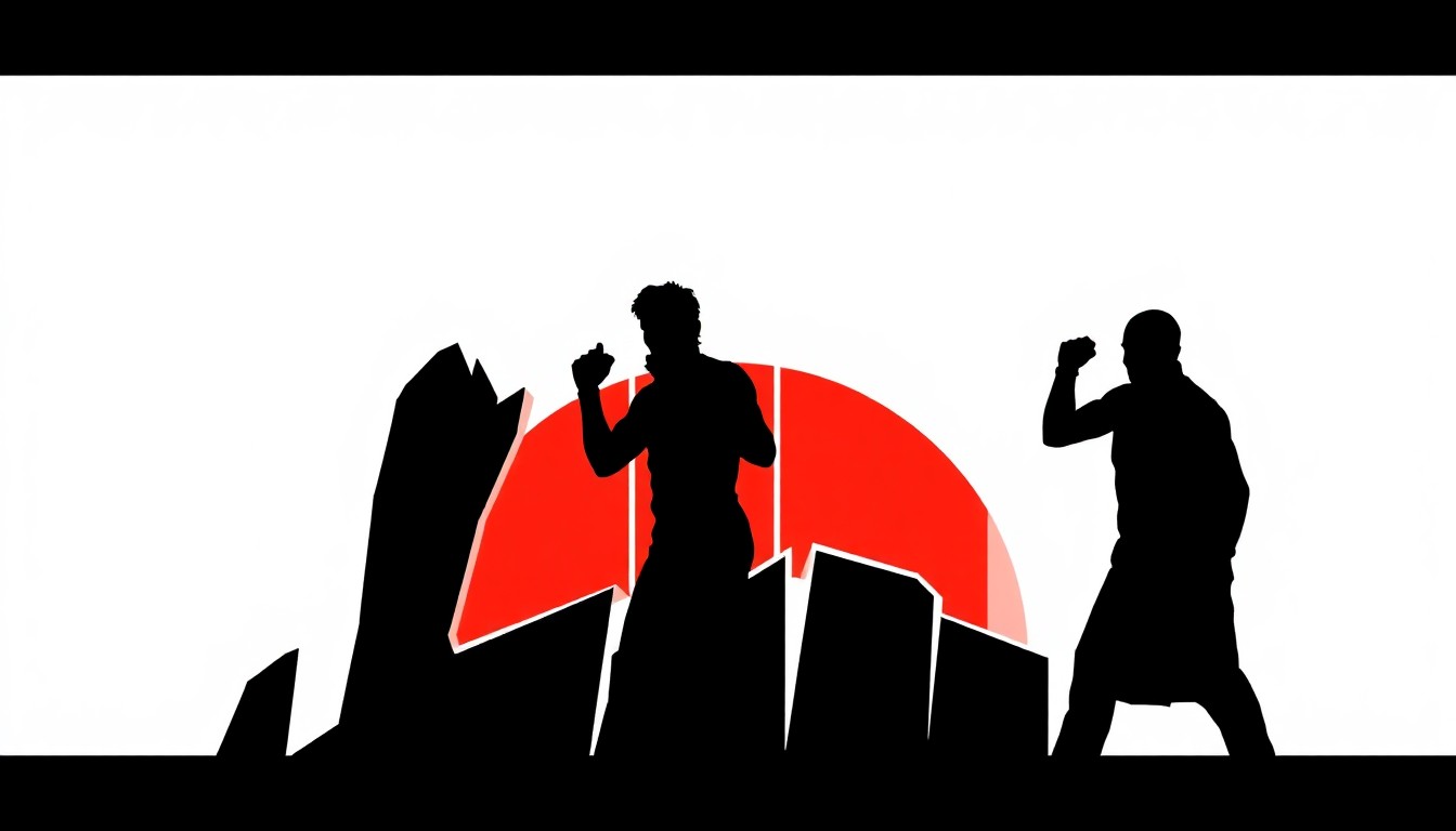 A striking, minimalist illustration featuring bold, jagged shapes and silhouettes in high-contrast red and white, conceptually representing the Rocky film series without using any text or literal imagery.