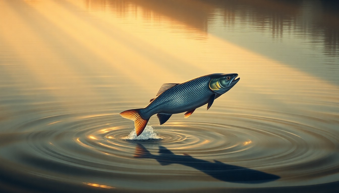 A serene, photorealistic painting of a silver carp leaping out of a river, with the surrounding landscape bathed in warm, dramatic lighting, conveying the gravity of the effort to keep these invasive fish from reaching the Great Lakes.