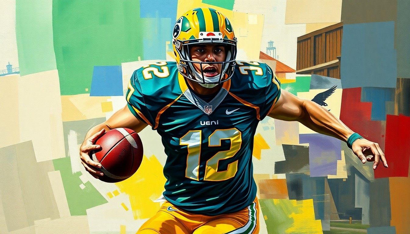 A cubist, geometric painting depicting a college football player in action, with sharp, overlapping planes of color and form representing the dynamic nature of the sport and the evolving recruitment landscape.