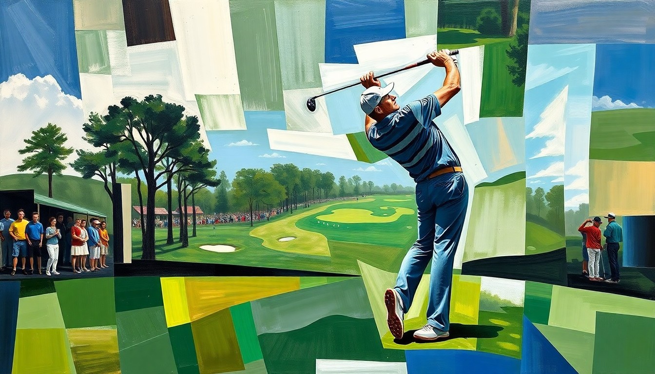 A cubist, geometric painting depicting a golfer's swing and the Masters tournament broken down into sharp, overlapping planes of color, capturing the complexity and emotional intensity of Woodland's journey.