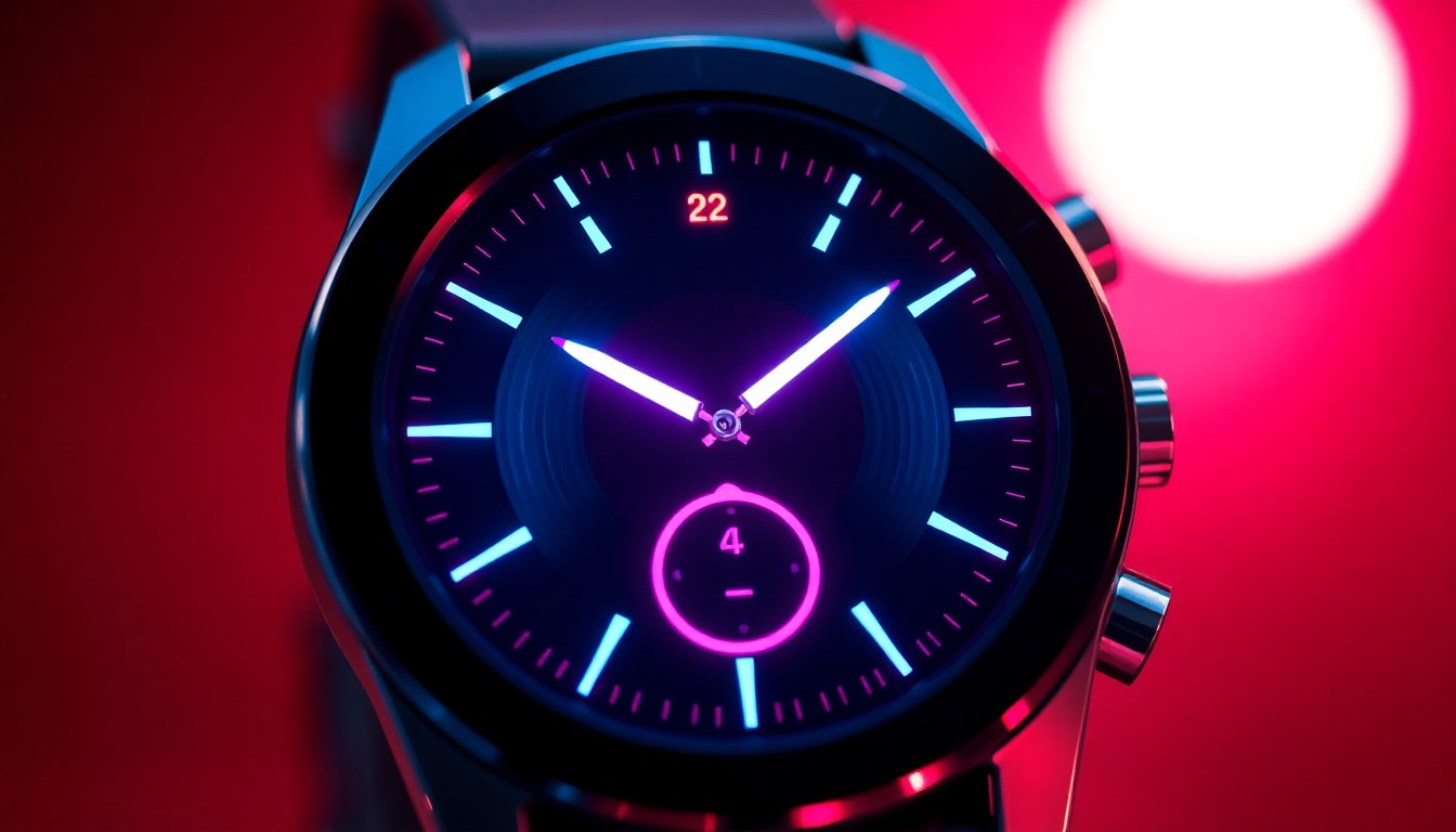A close-up, highly detailed 3D illustration of a smartwatch face glowing with neon cyan and magenta lights, representing the complex digital infrastructure behind health tracking features.