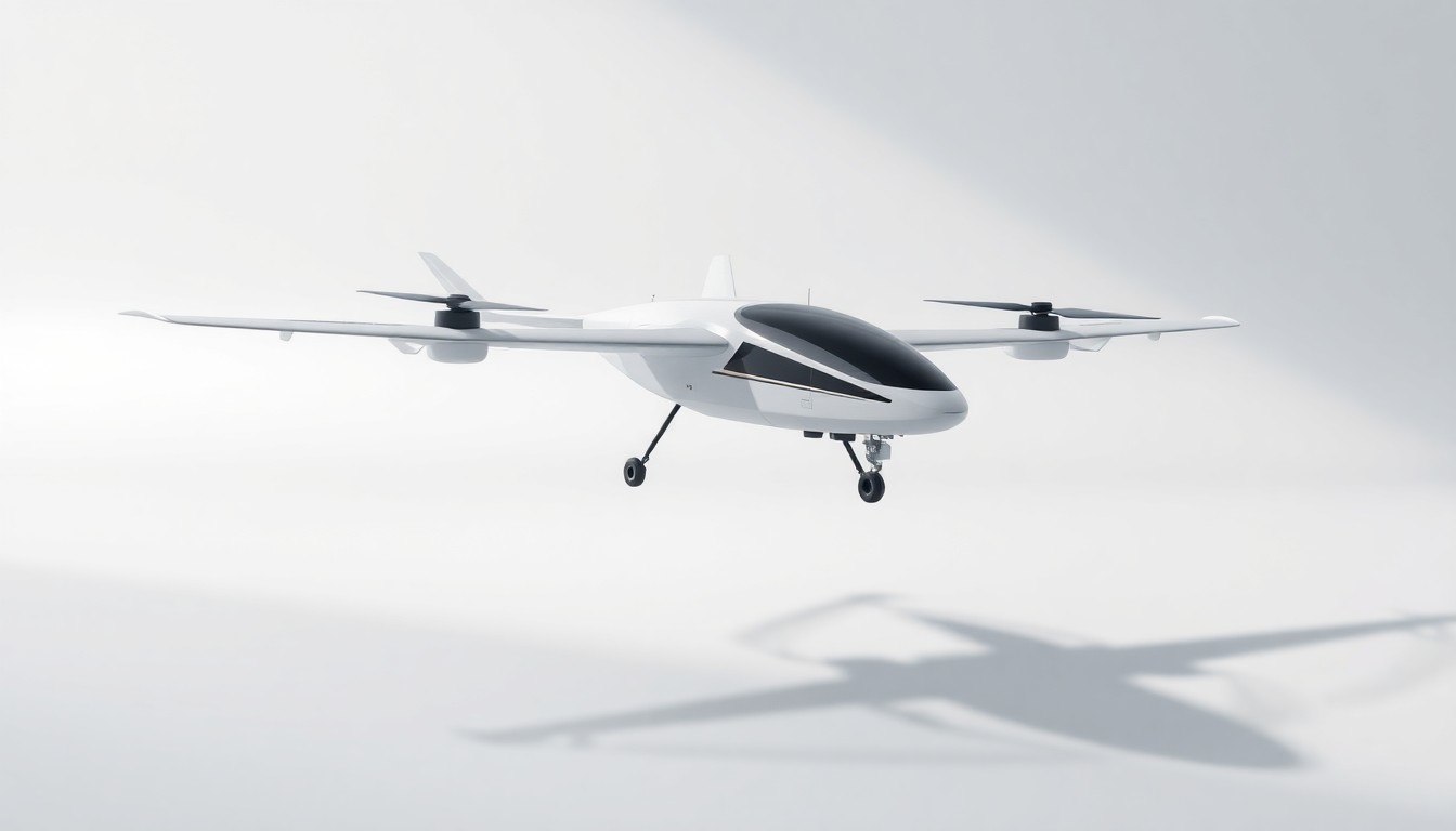 A photorealistic studio still life featuring a sleek, polished model of an electric vertical takeoff and landing aircraft floating on a clean, monochromatic background, using dramatic lighting and shadows to represent the abstract concepts of corporate strategy and the future of urban transportation.