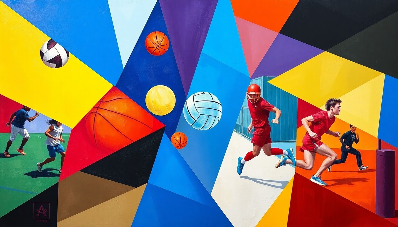A cubist, geometric painting in the colors of the Alexander Bulldogs, depicting various high school sports in an abstract, fragmented style.