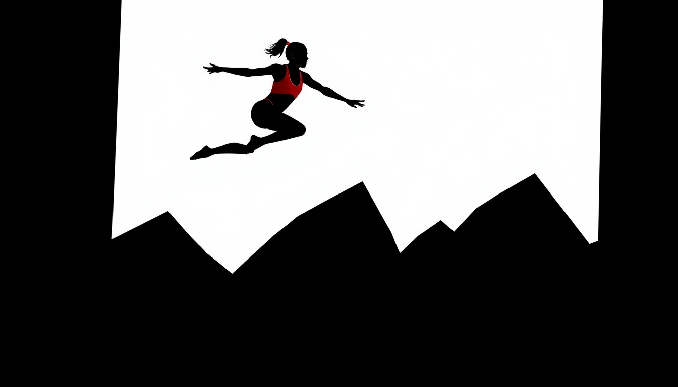 An abstract, minimalist illustration featuring bold, jagged black silhouettes and shapes in red and white, conceptually representing the iconic image of gymnast Kerri Strug landing her vault on an injured ankle at the 1996 Olympics.