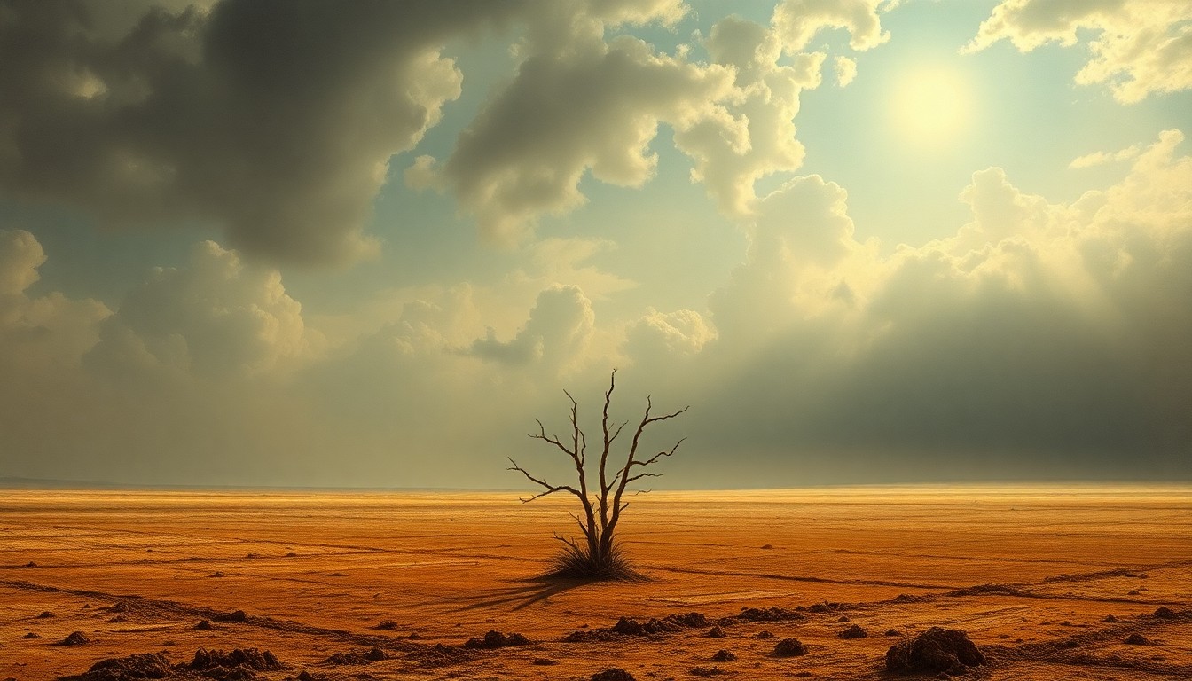A vast, atmospheric landscape painting in muted earth tones, depicting a parched, sun-baked field under a hazy, oppressive sky. The scene conveys the overwhelming, melancholic scale of the drought's impact, with a lone, withered tree or shrub struggling to survive in the foreground.