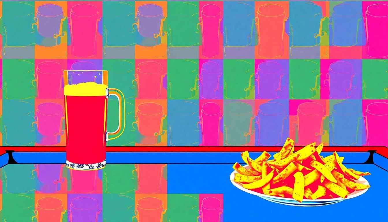A brightly colored, high-contrast silkscreen print featuring repeating images of a pool table, beer pitcher, and plate of nachos, conceptually representing the iconic items and atmosphere of a lively sports bar.
