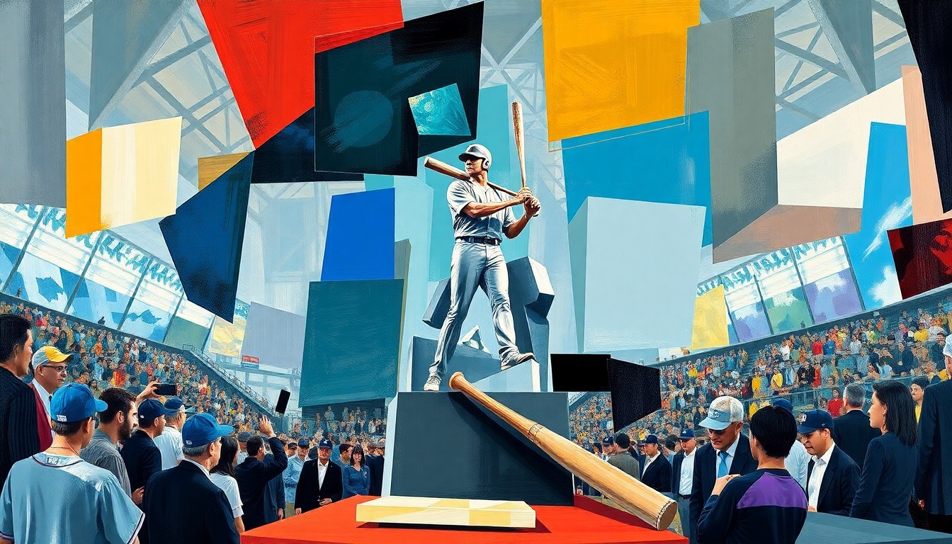 A fragmented, cubist-style painting depicting the unveiling of Ichiro Suzuki's statue in Seattle, with the bronze sculpture, the crowd, and the broken bat all broken down into abstract geometric shapes and planes of color.