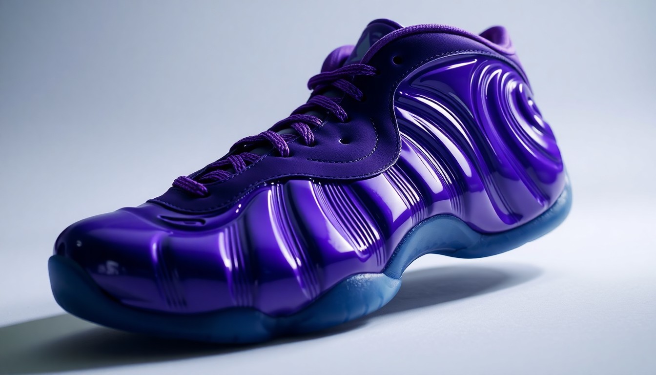 An extreme close-up photograph of a glossy, purple sneaker material with dramatic lighting, capturing the luxurious texture and glamour of the iconic Foamposite silhouette.