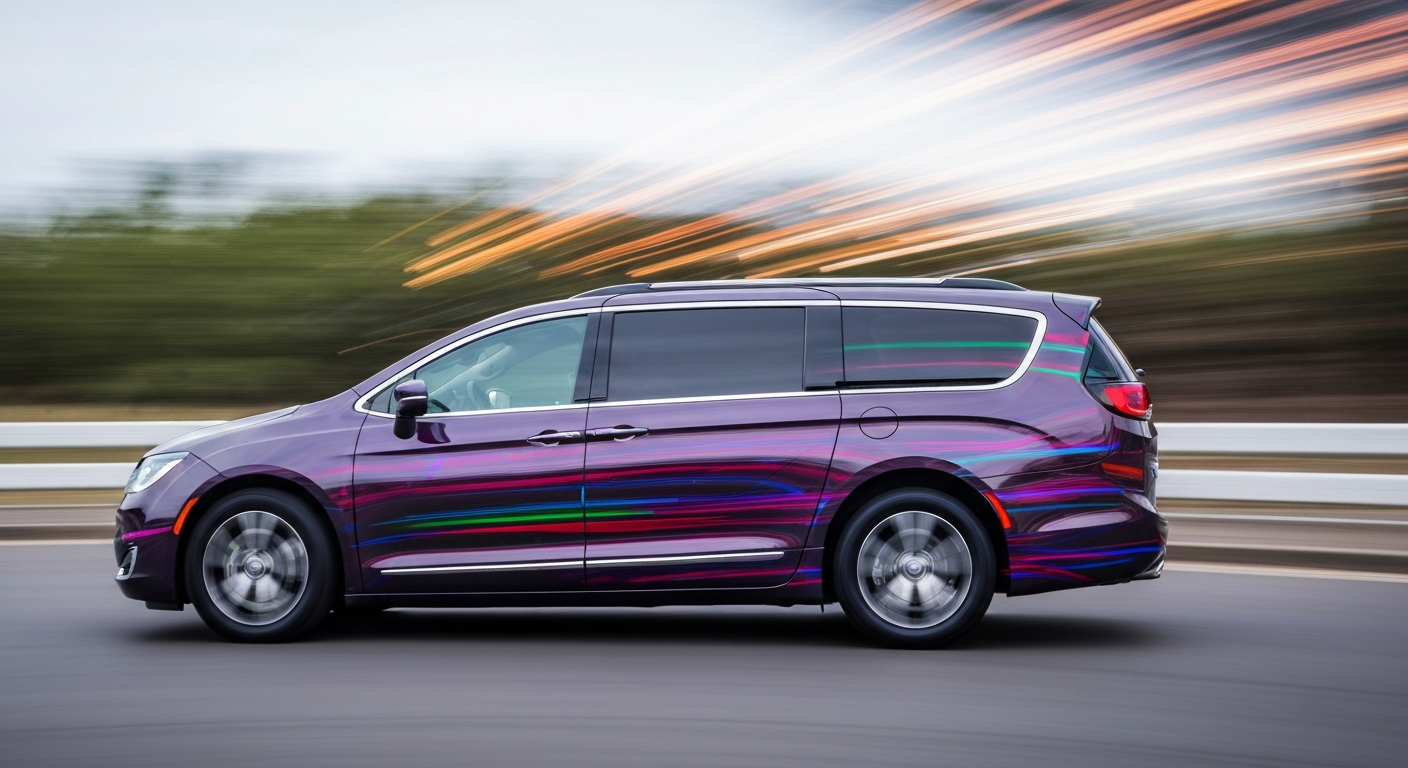 An abstract, blurred image of a Chrysler Pacifica minivan in motion, with vibrant streaks of color representing the vehicle's speed and modern engineering.