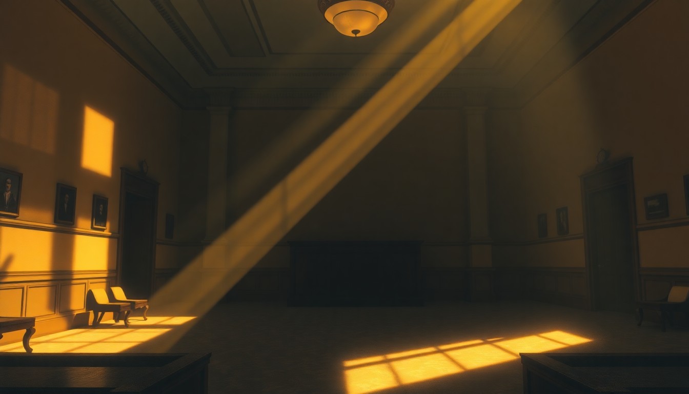 A dimly lit, cinematic painting of an empty government office or courtroom, with warm sunlight streaming through the windows and casting deep shadows across the room, creating a sense of tension and uncertainty around the political and economic issues at stake.