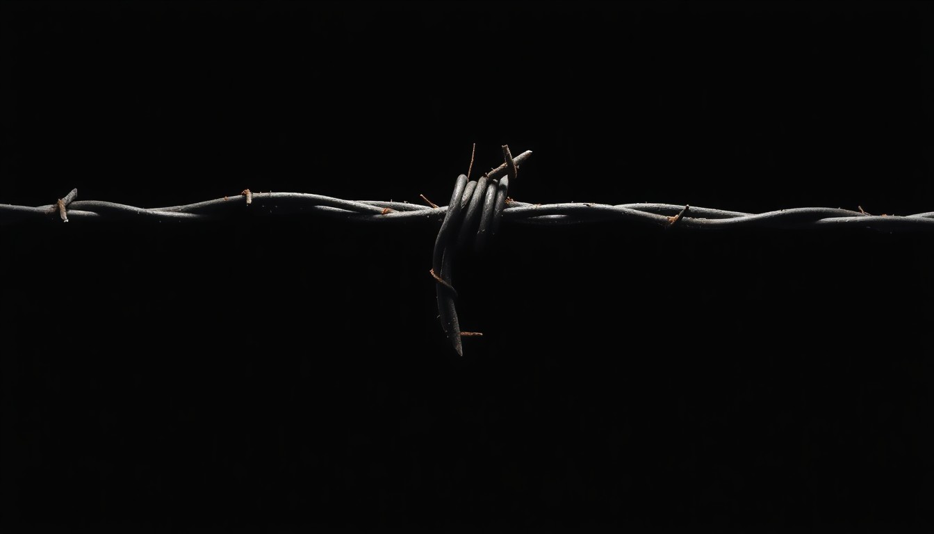 An extreme close-up photograph of a twisted, rusted piece of razor wire against a pitch-black background, capturing the harsh, gritty, and investigative nature of this crime story.
