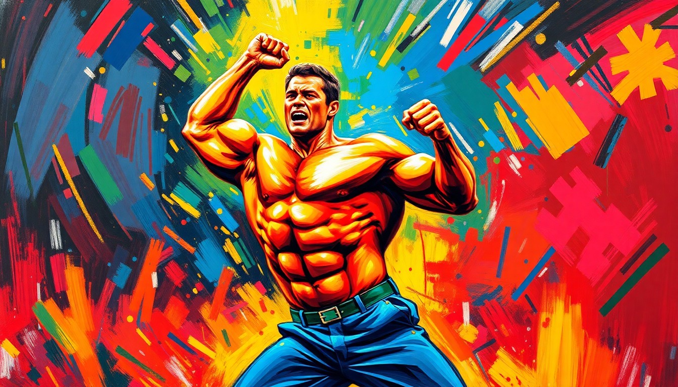 An abstract, neon-colored painting depicting the explosive movements and muscular form of a bodybuilder in competition, with no identifiable features or logos.