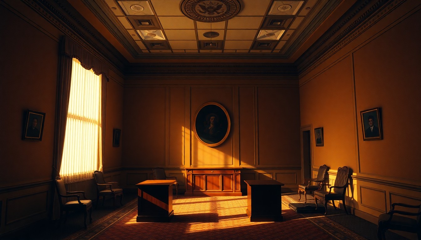 A dimly lit, cinematic painting of an empty congressional office space, with warm sunlight streaming through the windows and deep shadows covering the walls and furniture, creating a sense of political tension and uncertainty.